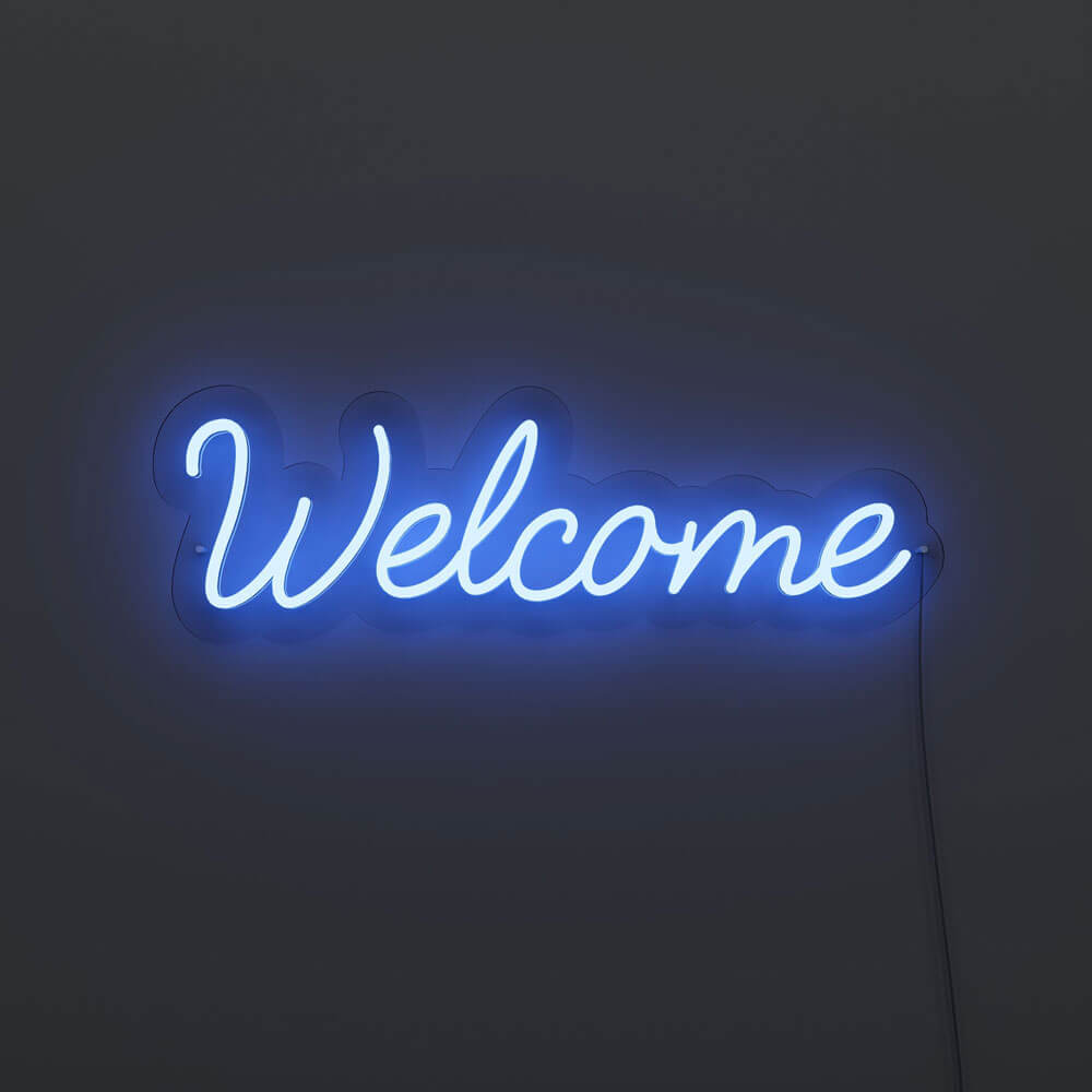 welcome neon sign blue