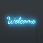 welcome neon sign light blue