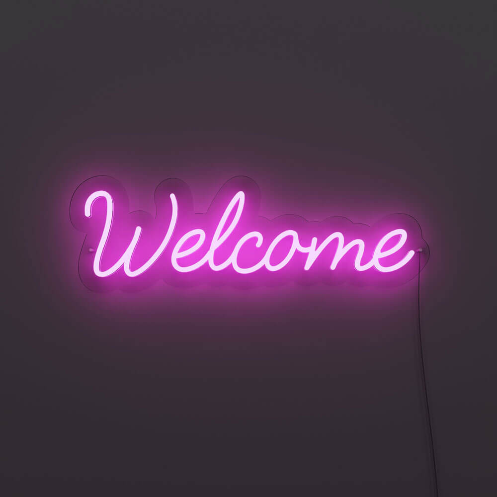 welcome neon sign purple