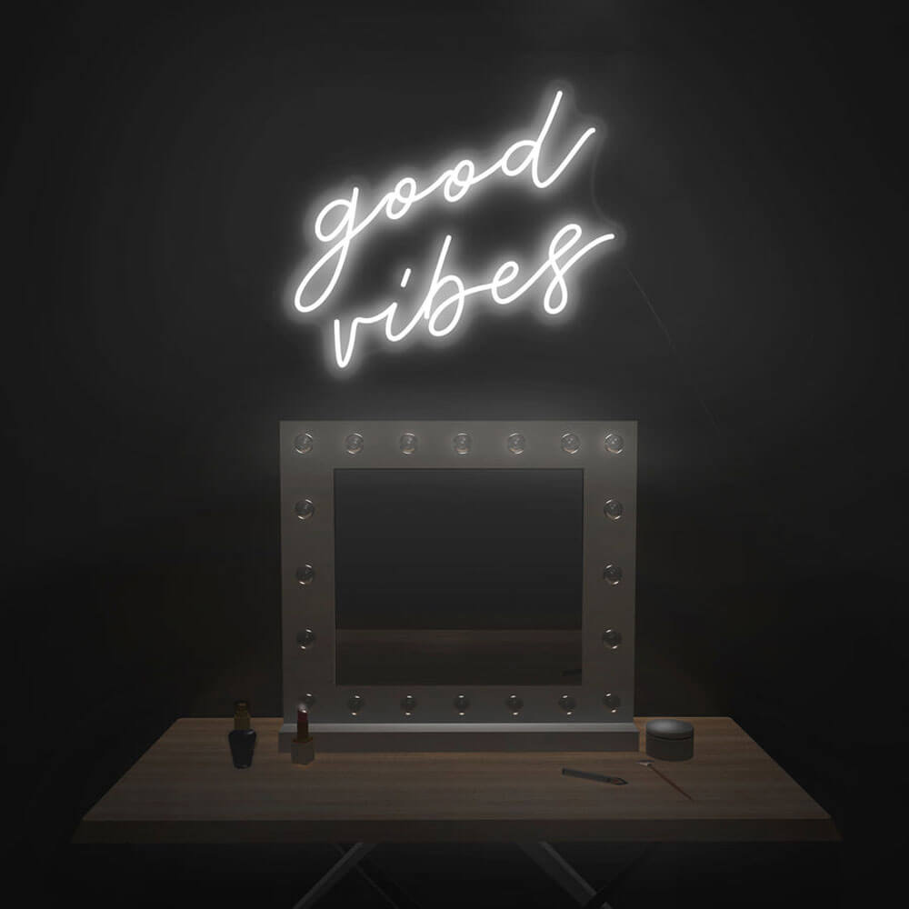 good vibes neon sign white