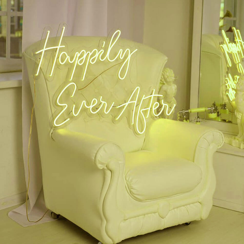 happily ever after neon sign yellow