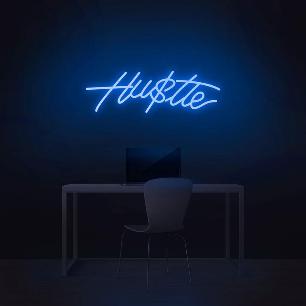 hustle neon sign blue