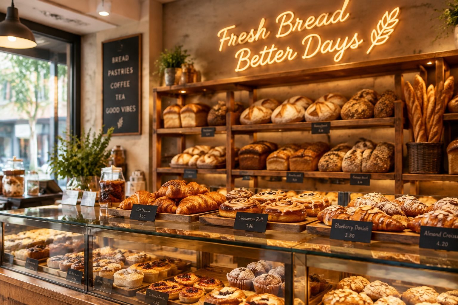 Warm bakery interior with fresh bread on wooden display shelves and a glowing LED neon sign above the counter