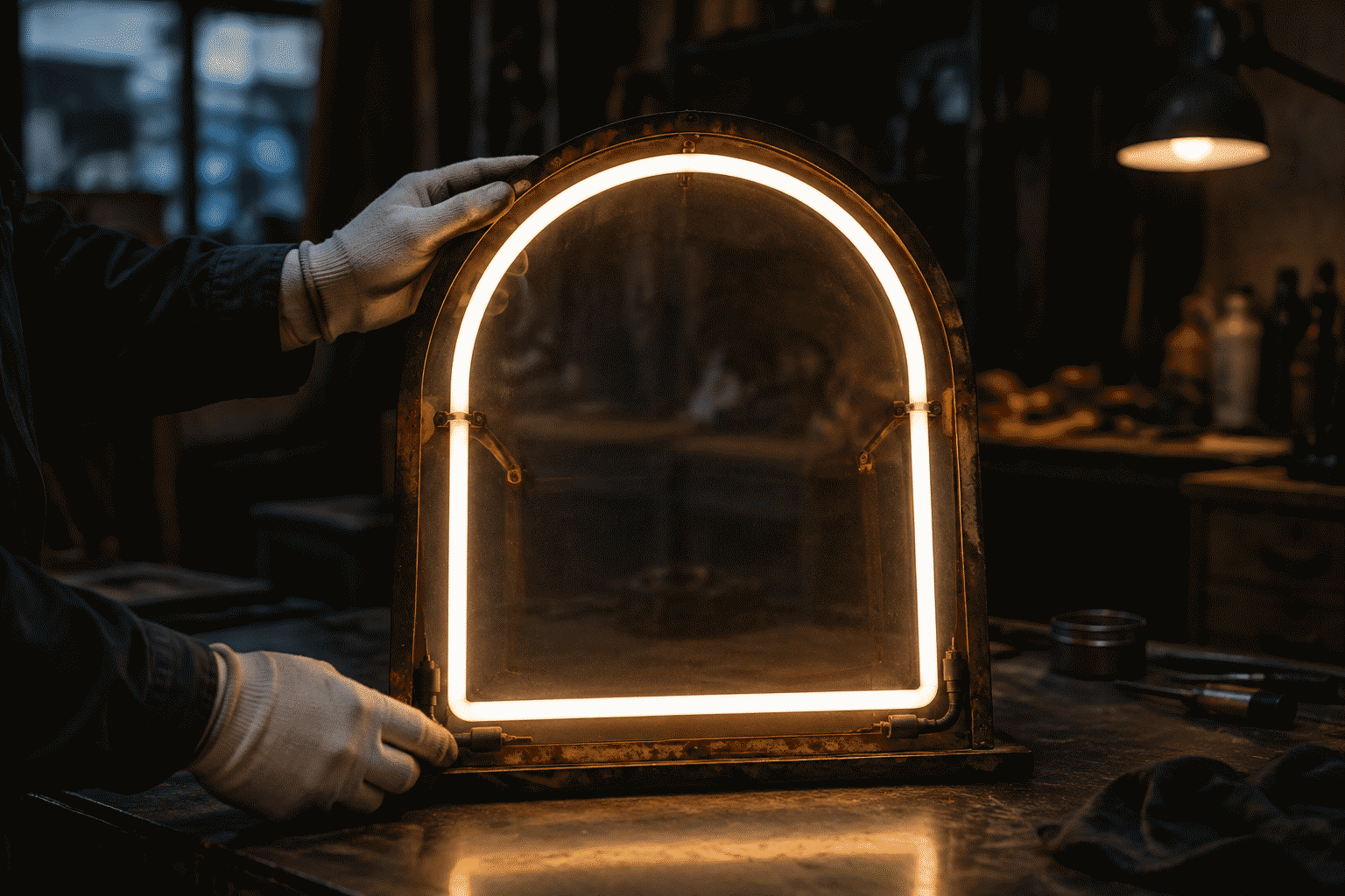 Antique Neon Signs — visual for the section “The Antique-Specific Cautions”: dark scene, glowing neon focal point, shallow depth of field
