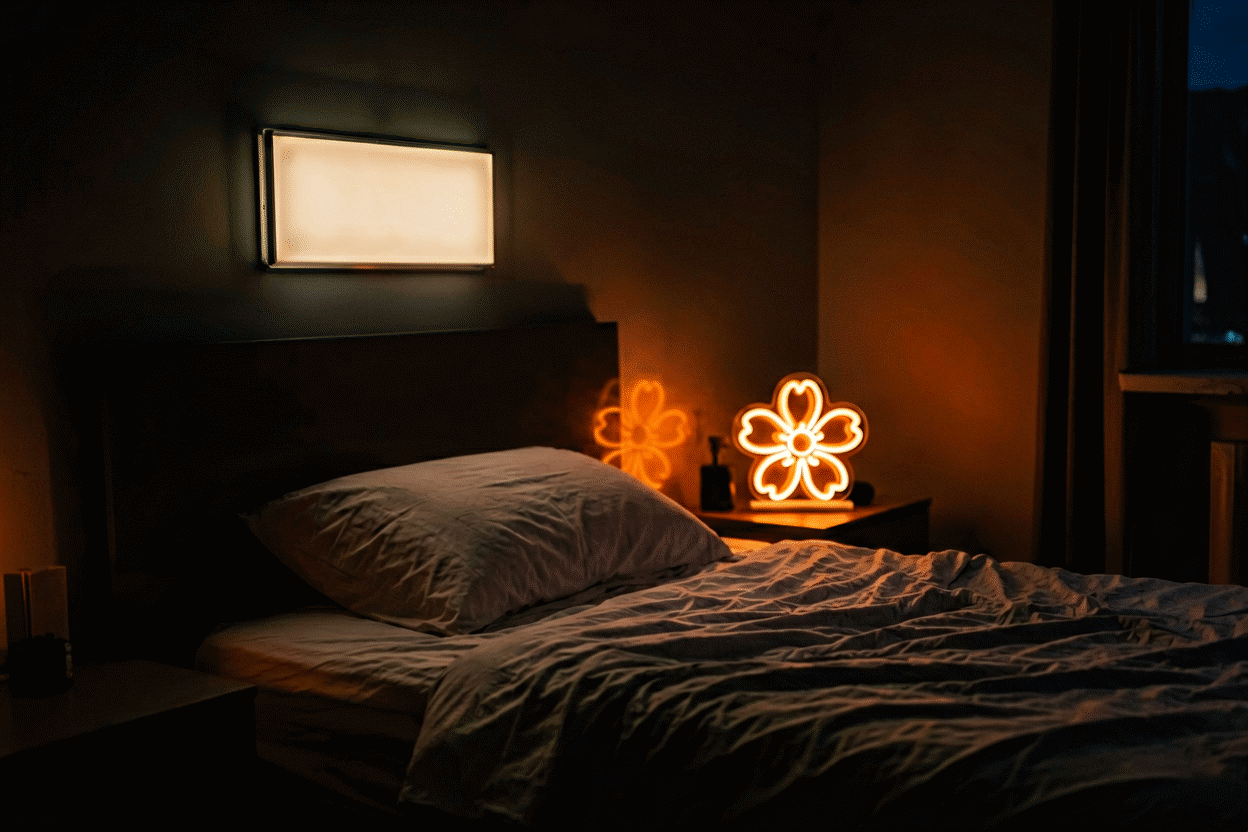 Are Neon Signs Safe — visual for the section “The Real Topic 1: Night-Time Light and Sleep”: dark scene, glowing neon focal point, shallow depth of field