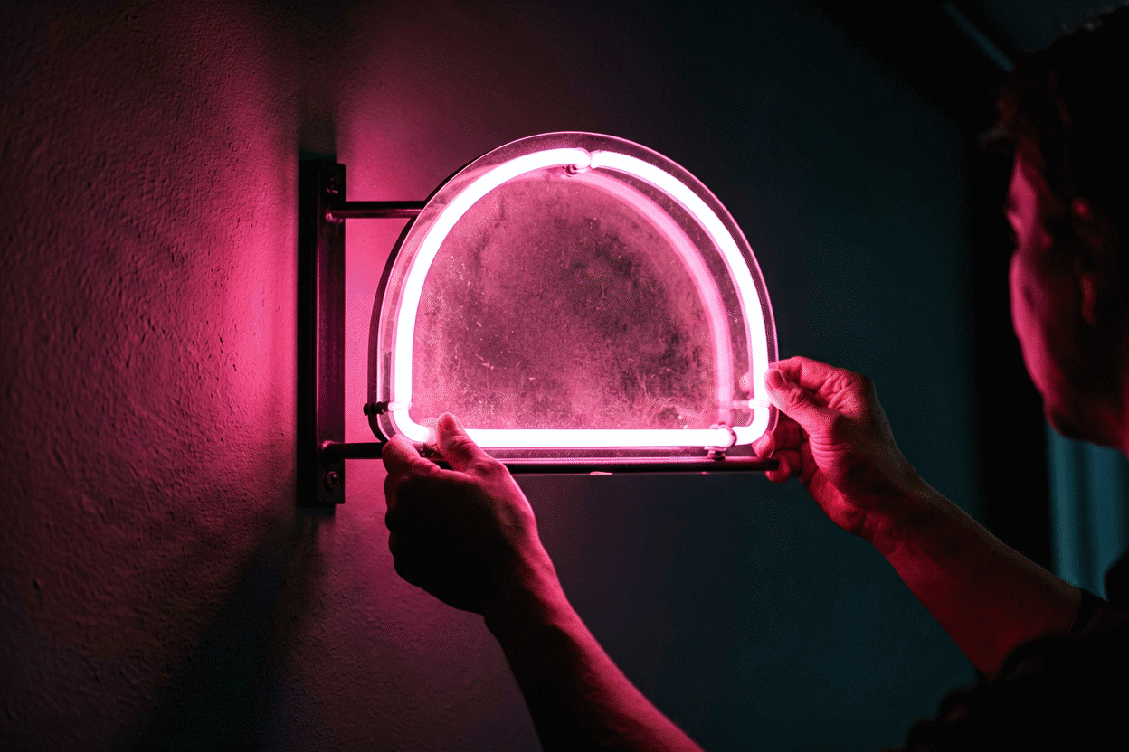 Are Neon Signs Safe — visual for the section “The Real Topic 3: Physical Installation Safety”: dark scene, glowing neon focal point, shallow depth of field