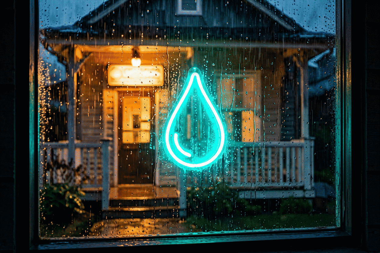 Are Neon Signs Waterproof — visual for the section “Are Glass Neon Signs Waterproof?”: dark scene, glowing neon focal point, shallow depth of field