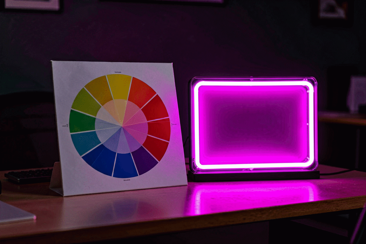 Best Fonts for Neon Signs — visual for the section “Font + Color: The Pairing Table”: dark scene, glowing neon focal point, shallow depth of field