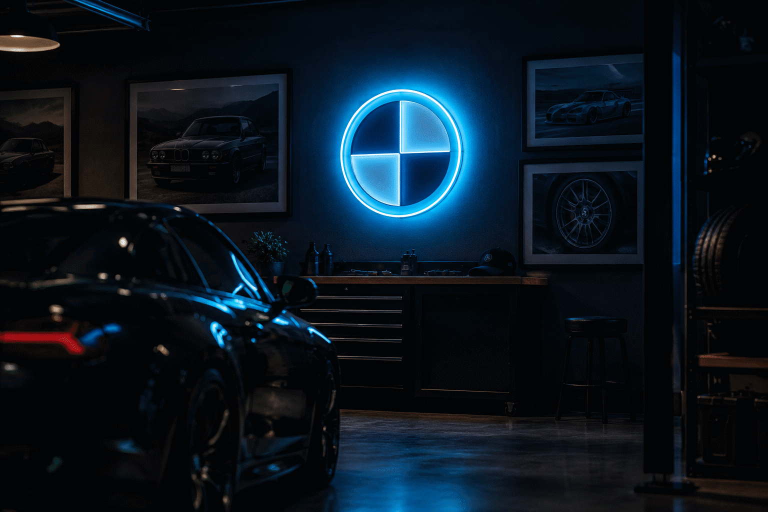 BMW Neon Signs — visual for the section “The Build: The Enthusiast's Playbook”: dark scene, glowing neon focal point, shallow depth of field
