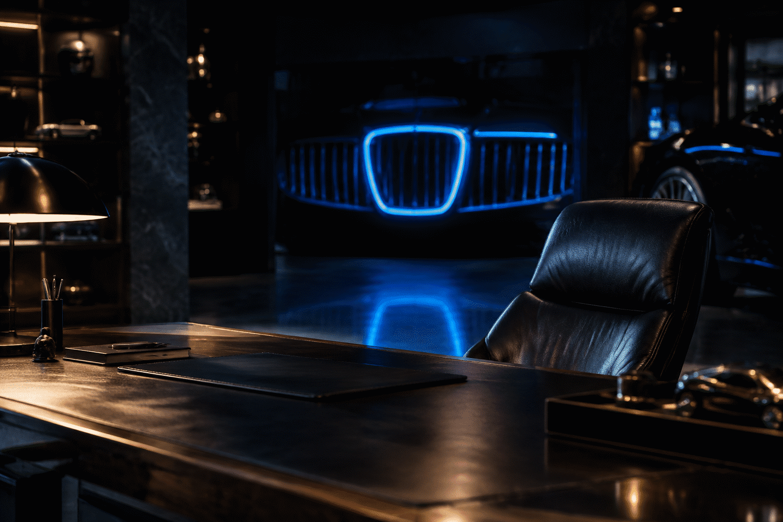 Bugatti Neon Signs — visual for the section “The Lore That Makes the Wall Mean Something”: dark scene, glowing neon focal point, shallow depth of field