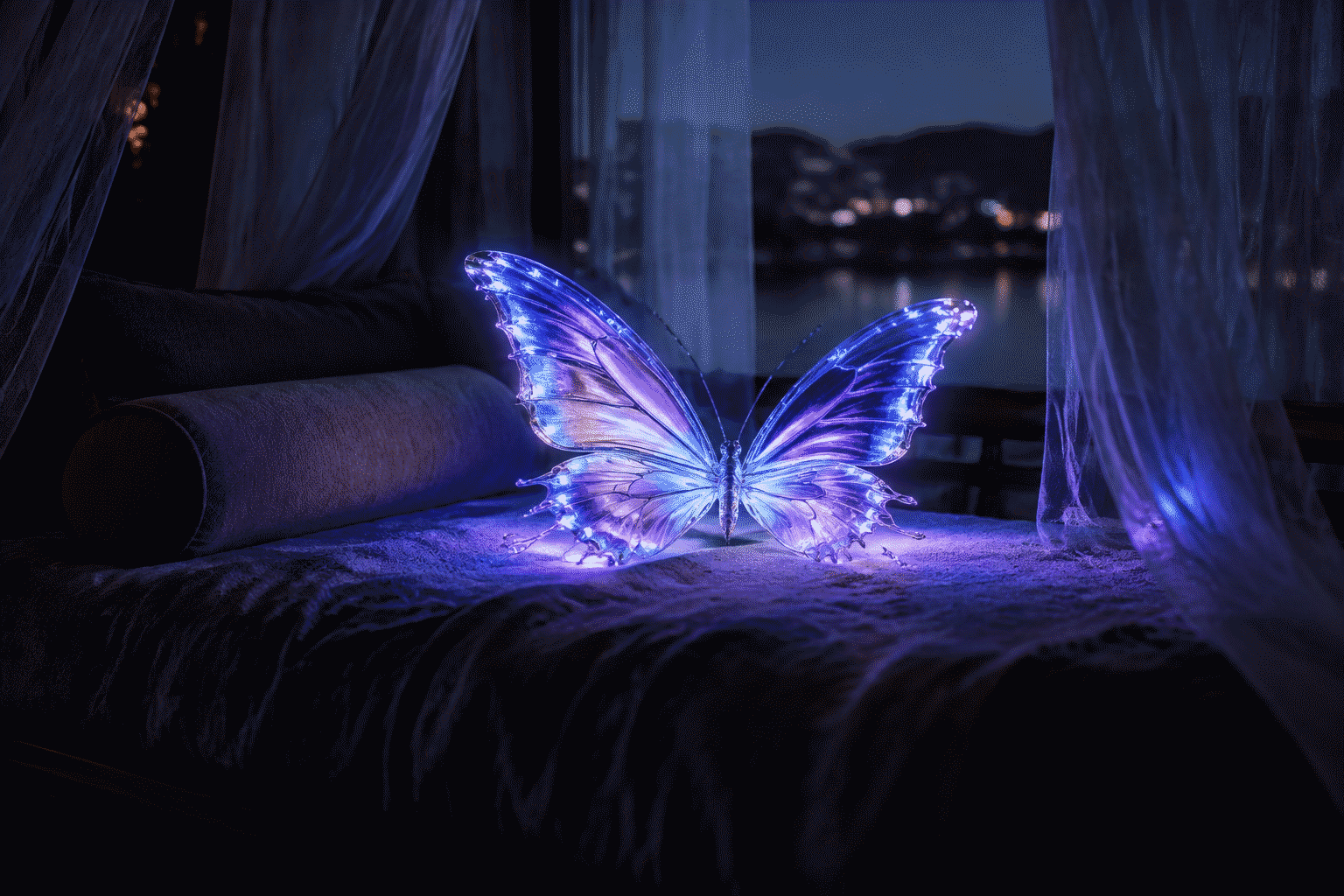 Butterfly Neon Sign Ideas — visual for the section “The Three Rooms”: dark scene, glowing neon focal point, shallow depth of field