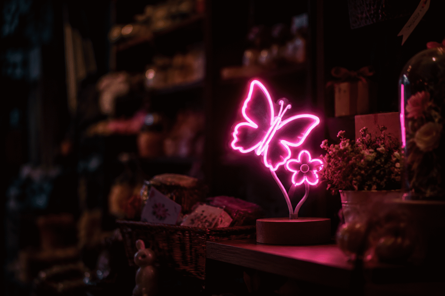 Butterfly Neon Sign Ideas — visual for the section “The Symbol Layer: Why It Gifts So Well”: dark scene, glowing neon focal point, shallow depth of field