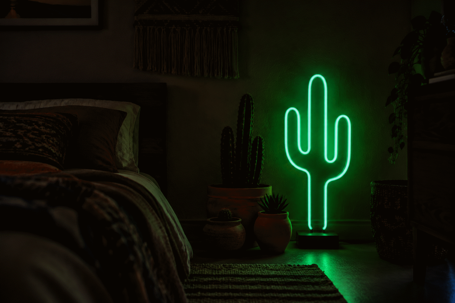 Cactus Neon Sign Ideas — visual for the section “The Rooms”: dark scene, glowing neon focal point, shallow depth of field