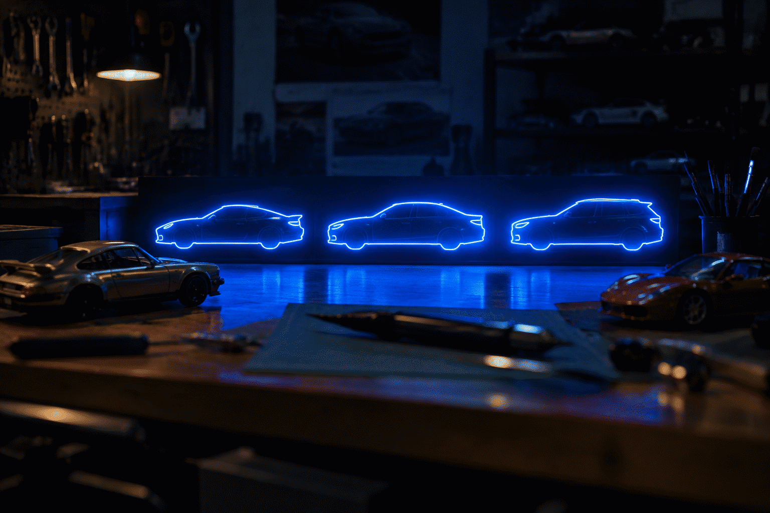 Car Logo Neon Signs for Garage Walls — visual for the section “The Walls They Live On”: dark scene, glowing neon focal point, shallow depth of field