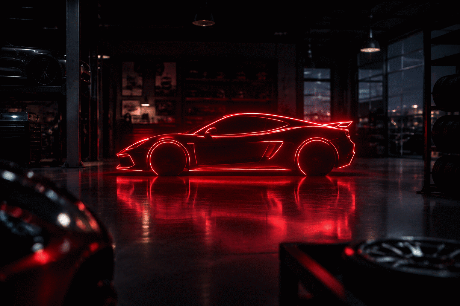 Car Logo Neon Signs for Garage Walls — visual for the section “The Build: The Automotive Wall Playbook”: dark scene, glowing neon focal point, shallow depth of field
