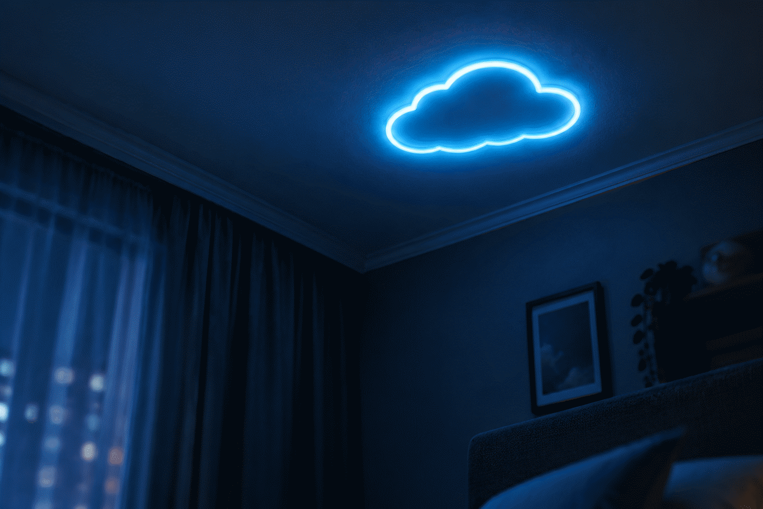 Cloud Neon Sign Ideas — visual for the section “The Rooms”: dark scene, glowing neon focal point, shallow depth of field