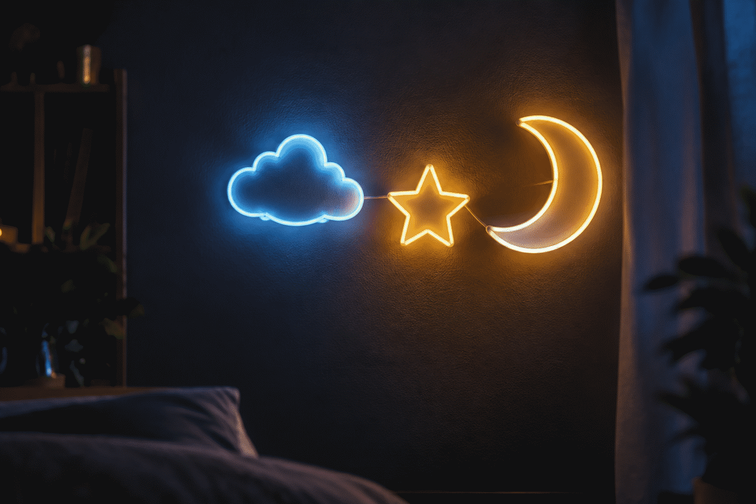 Cloud Neon Sign Ideas — visual for the section “The Sky-Family Combos”: dark scene, glowing neon focal point, shallow depth of field