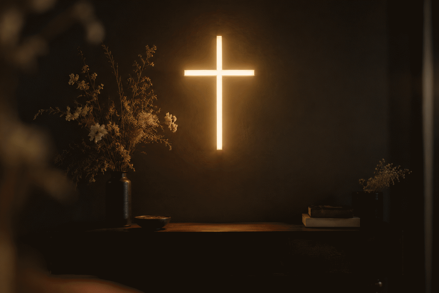 Cross Neon Sign — visual for the section “The Rooms and Placements”: dark scene, glowing neon focal point, shallow depth of field