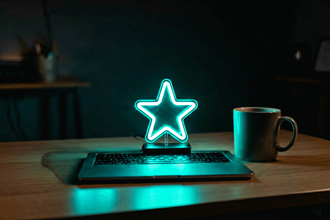 Desktop Neon Sign Ideas — visual for the section “Group 2: The Icons (Glow Without Words)”: dark scene, glowing neon focal point, shallow depth of field