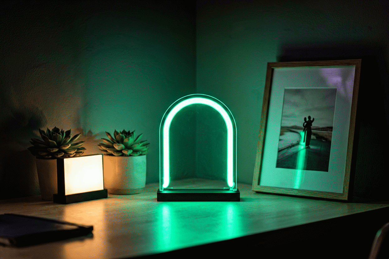 Desktop Neon Sign Ideas — visual for the section “Group 4: The Style Pieces (Desk as Aesthetic)”: dark scene, glowing neon focal point, shallow depth of field