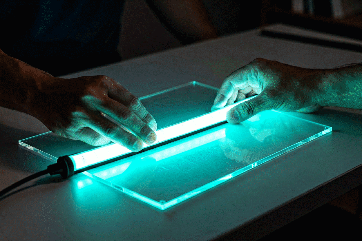 DIY Neon Sign Guide — visual for the section “Route 2: LED Strip on Acrylic — The Weekend Build”: dark scene, glowing neon focal point, shallow depth of field