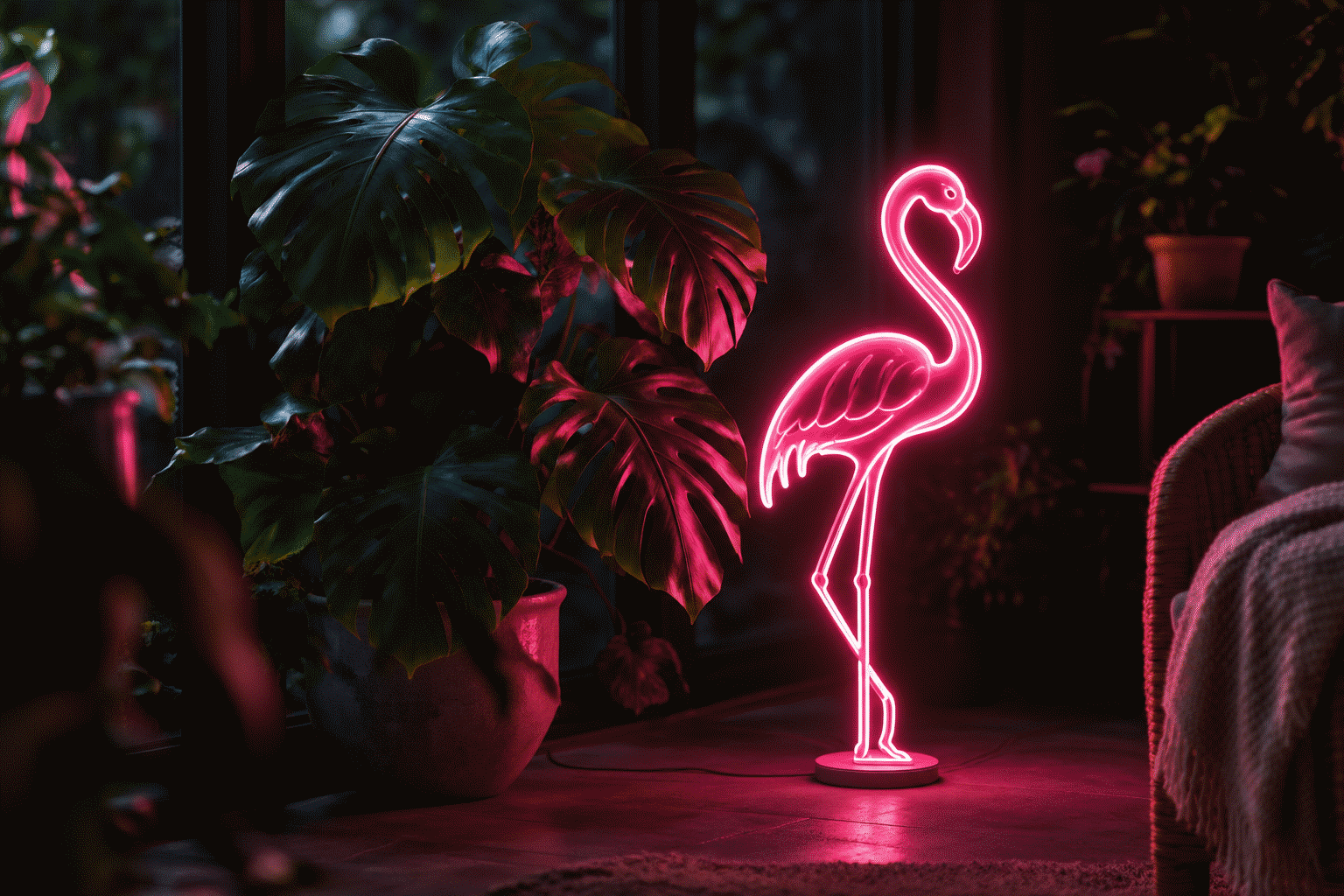 Flamingo Neon Sign Ideas — visual for the section “The Pink Registers”: dark scene, glowing neon focal point, shallow depth of field