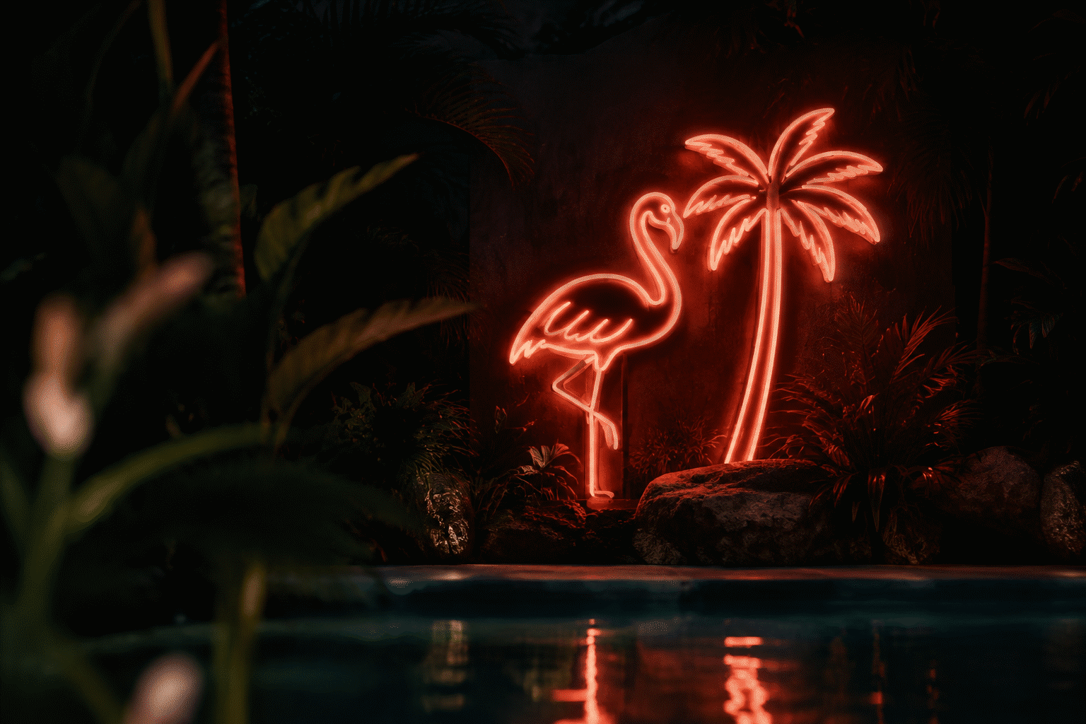 Flamingo Neon Sign Ideas — visual for the section “The Tropical Combo Wall”: dark scene, glowing neon focal point, shallow depth of field