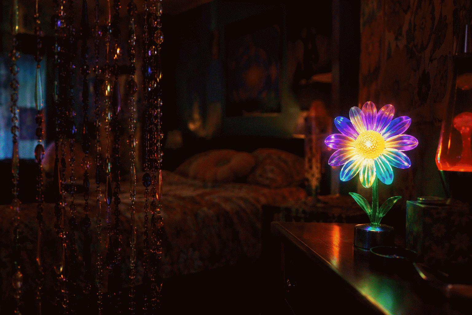 Flower Power Neon — visual for the section “The Rooms”: dark scene, glowing neon focal point, shallow depth of field