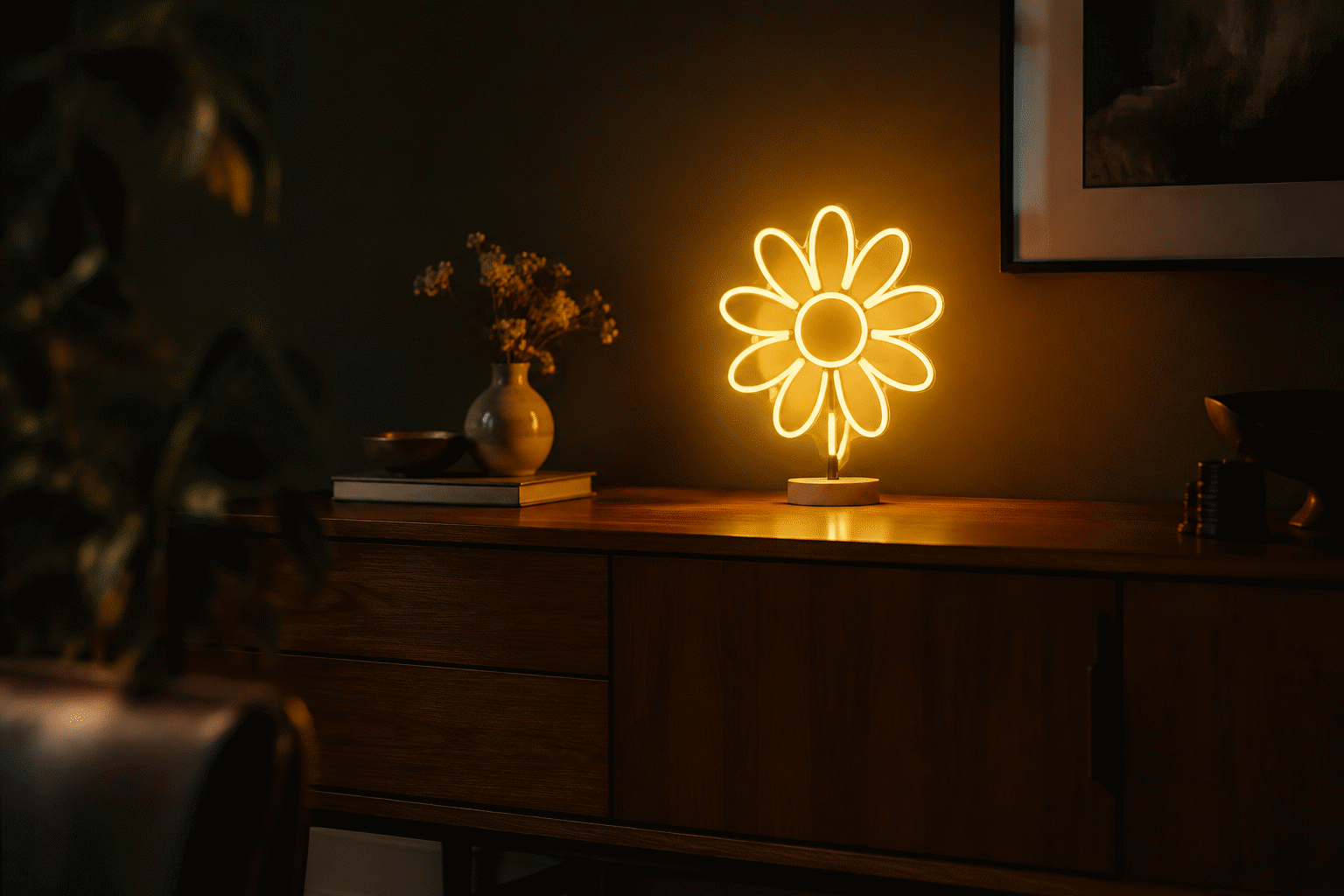 Flower Power Neon — visual for the section “The Flower's Career in Decor (Why It Never Leaves)”: dark scene, glowing neon focal point, shallow depth of field