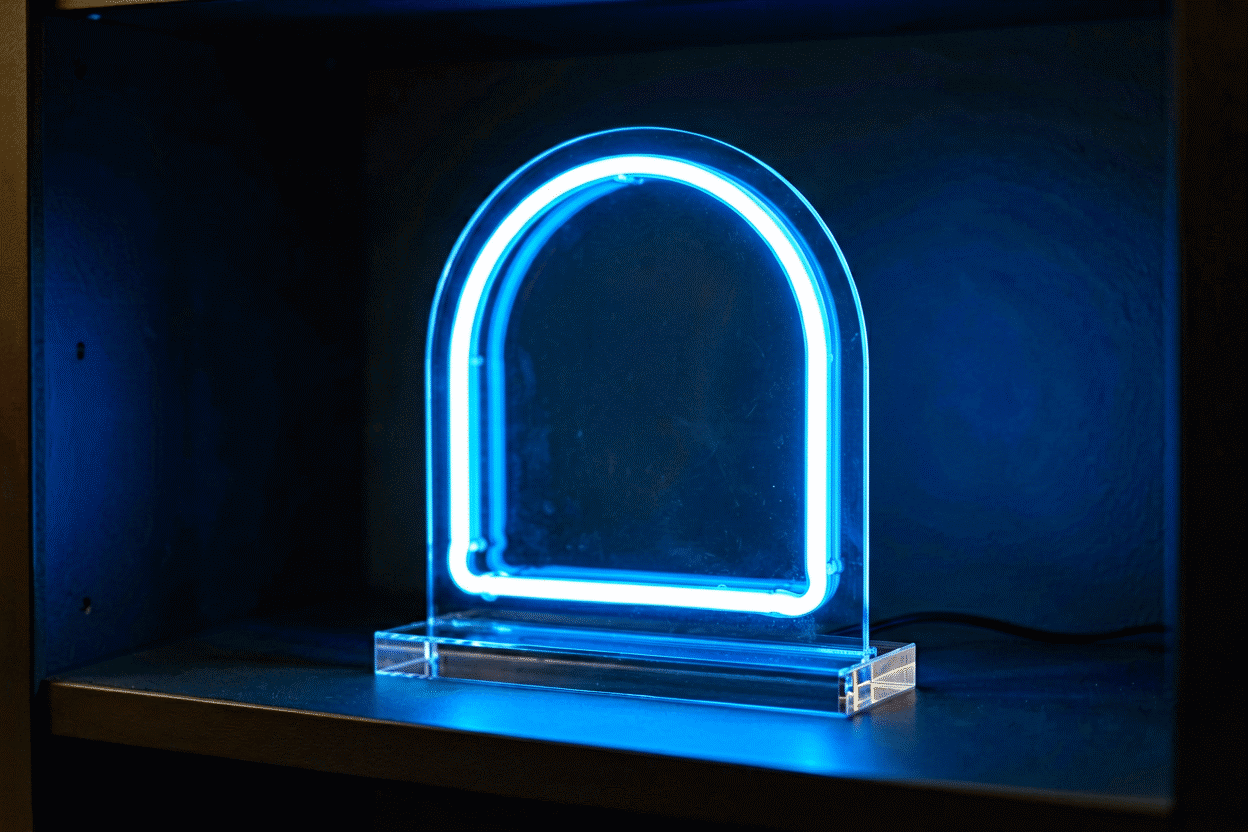 Freestanding Neon Signs — visual for the section “Stability: The Three Rules”: dark scene, glowing neon focal point, shallow depth of field