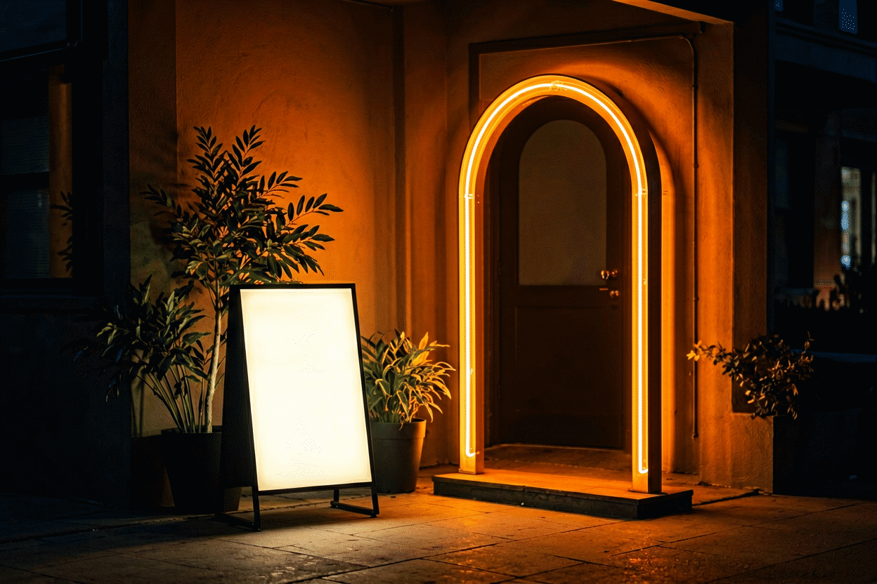 Freestanding Neon Signs — visual for the section “Where Each Form Glows Best”: dark scene, glowing neon focal point, shallow depth of field