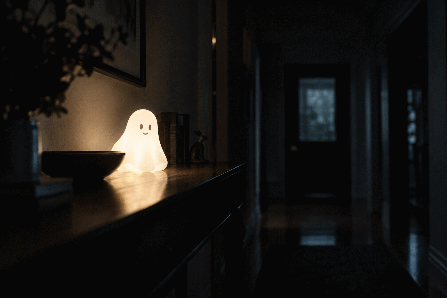 Ghost Neon Sign Ideas — visual for the section “The Rooms”: dark scene, glowing neon focal point, shallow depth of field