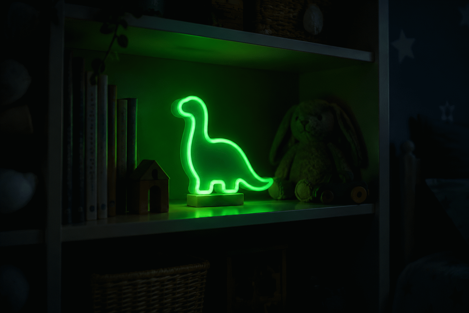 Glow-in-the-Dark Neon Signs — visual for the section “Choosing for the Kids' Room (The Main Event)”: dark scene, glowing neon focal point, shallow depth of field