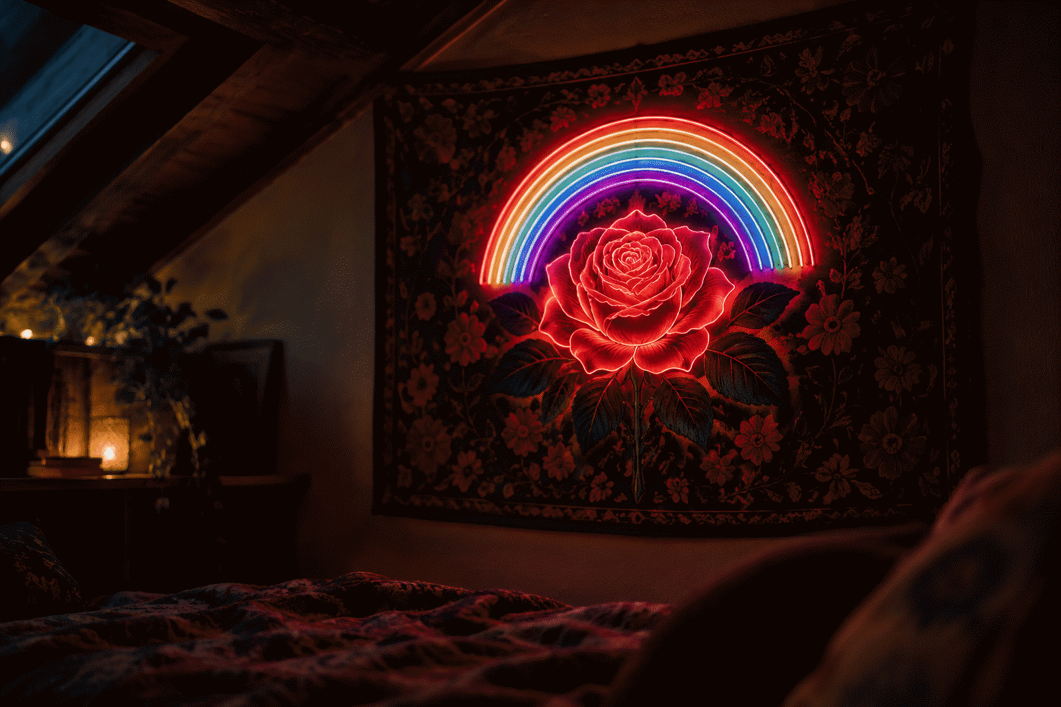 Grateful Dead Neon Sign — visual for the section “The Rooms”: dark scene, glowing neon focal point, shallow depth of field
