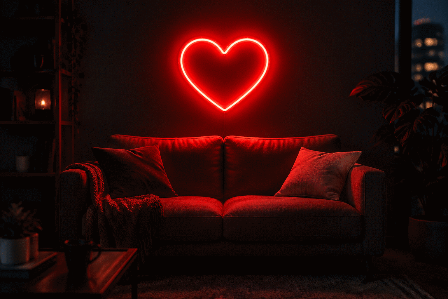 Heart Neon Sign Ideas — visual for the section “The Size Tiers (a Heart Changes Meaning with Scale)”: dark scene, glowing neon focal point, shallow depth of field
