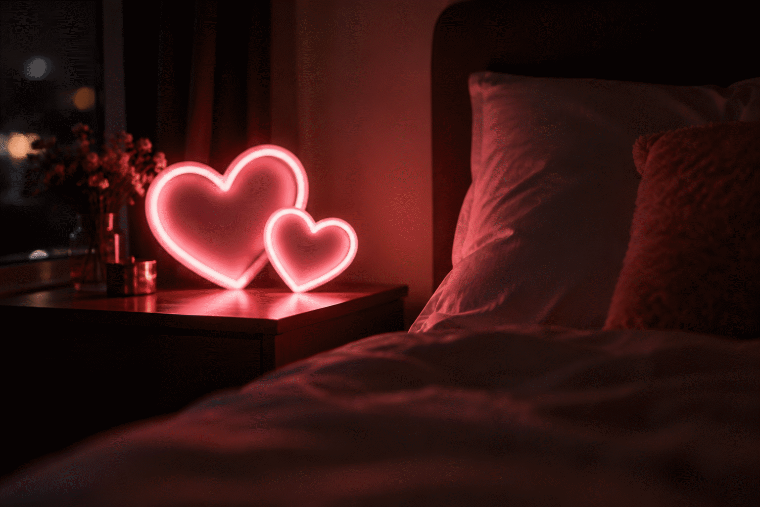 Heart Neon Sign Ideas — visual for the section “The Valentine's Production Calendar”: dark scene, glowing neon focal point, shallow depth of field