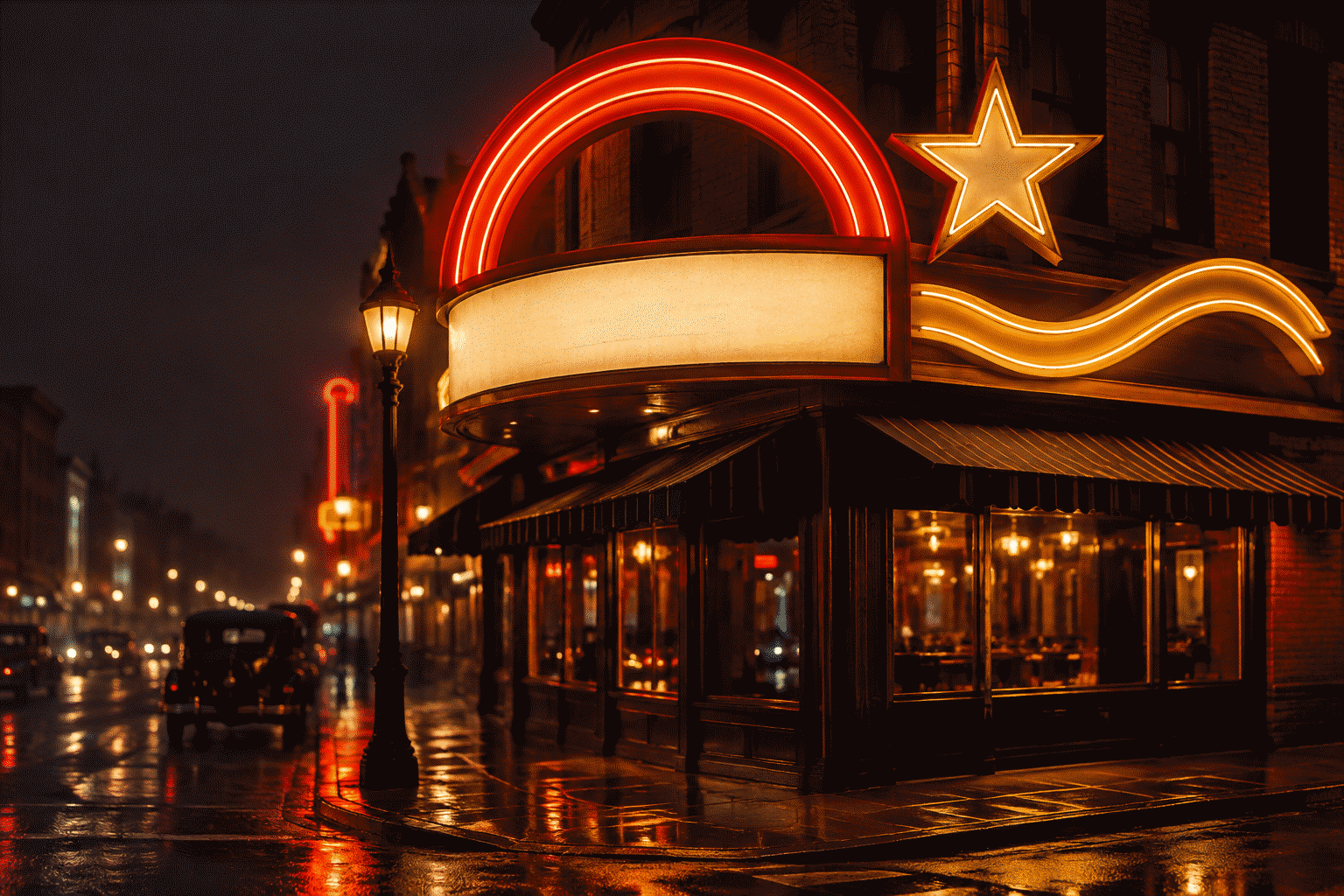 History of Neon Signs — visual for the section “Act III: America and the Golden Age (1923–1941)”: dark scene, glowing neon focal point, shallow depth of field