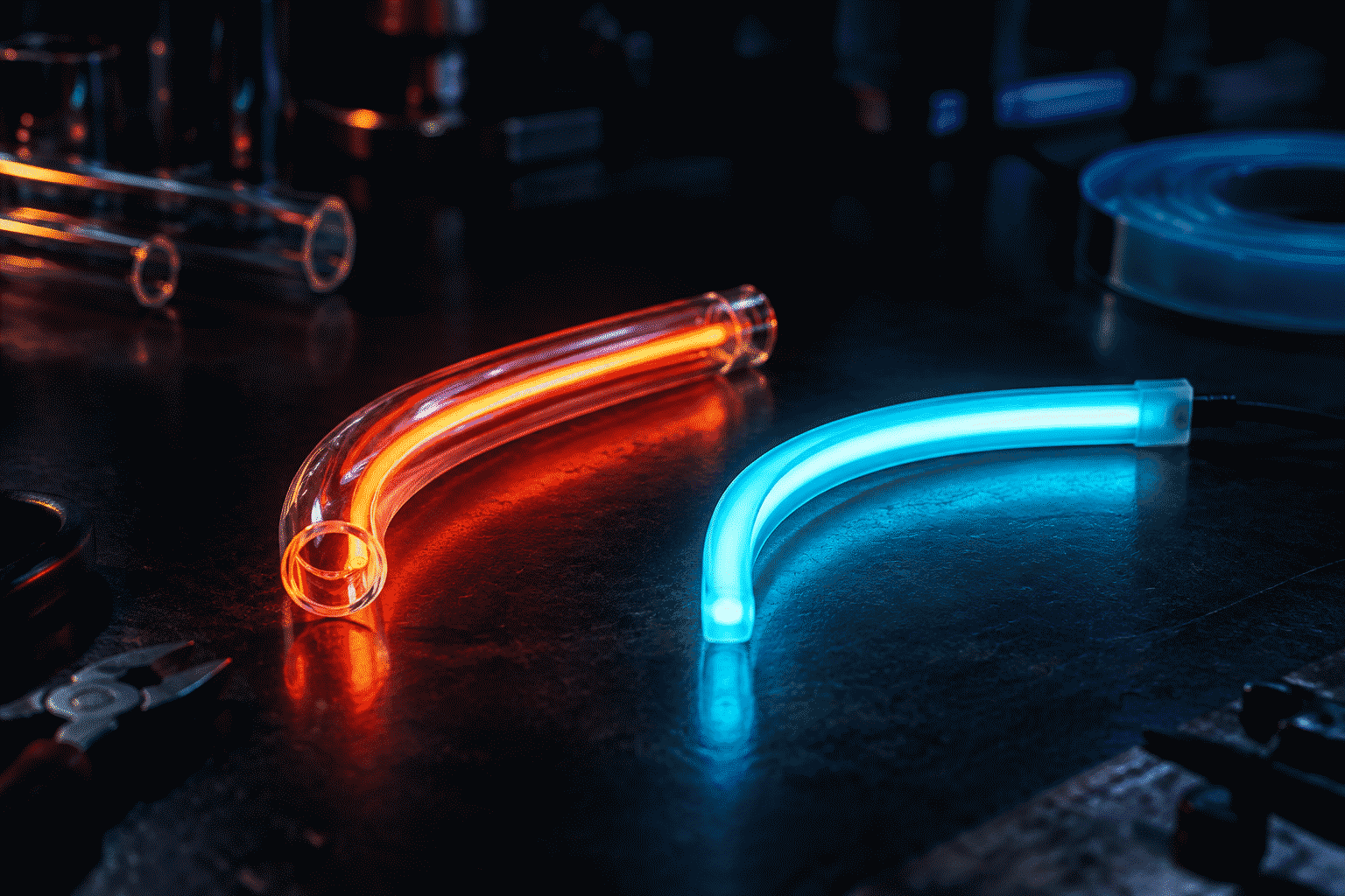 How Are Neon Signs Made — visual for the section “Same Destination, Different Worlds”: dark scene, glowing neon focal point, shallow depth of field