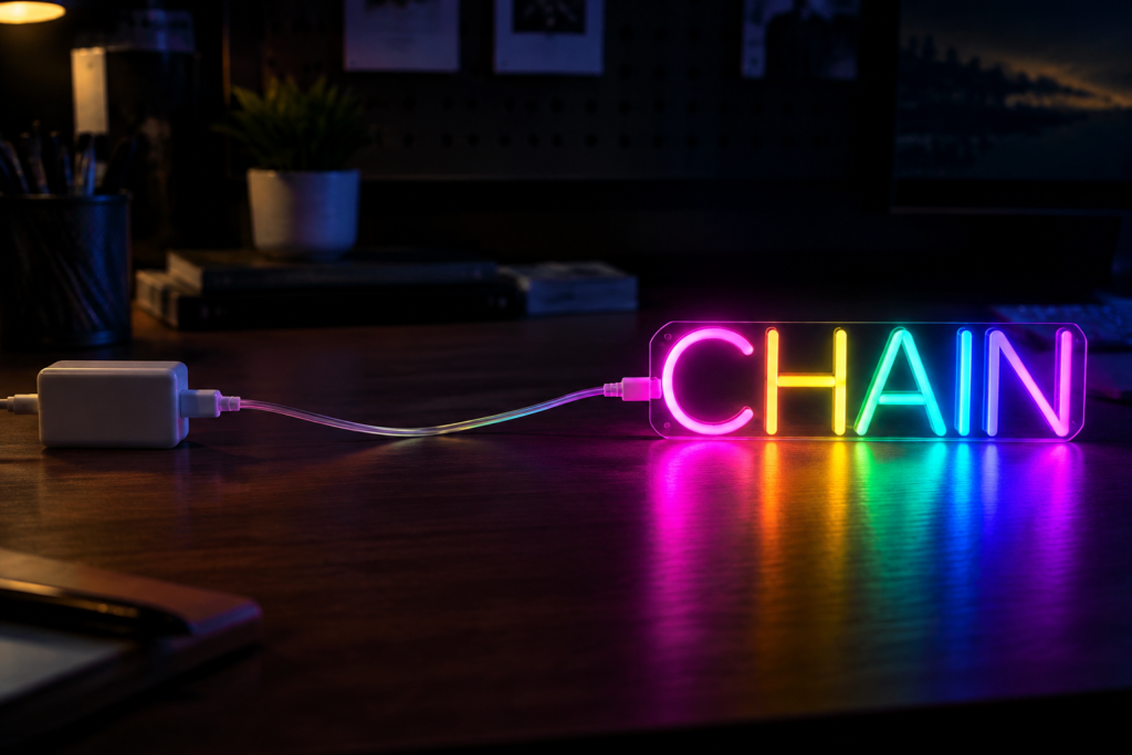 How Do LED Neon Signs Work — visual for the section “The Power Chain (Twelve Volts, End to End)”: dark scene, glowing neon focal point, shallow depth of field