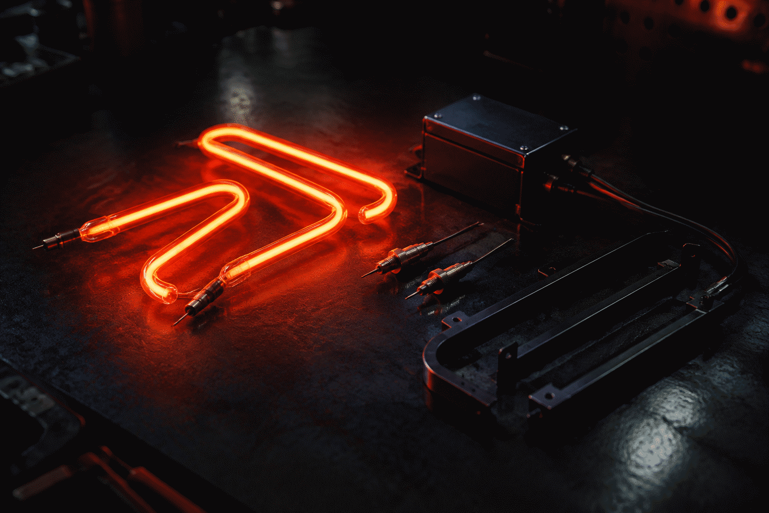 How Do Neon Signs Work — visual for the section “The Four Components Every Glass Sign Needs”: dark scene, glowing neon focal point, shallow depth of field