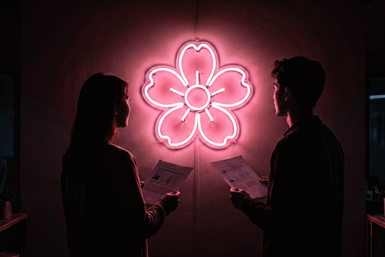 How to Choose a Neon Sign — visual for the section “Decision 3: Size — The Mockup Rule”: dark scene, glowing neon focal point, shallow depth of field