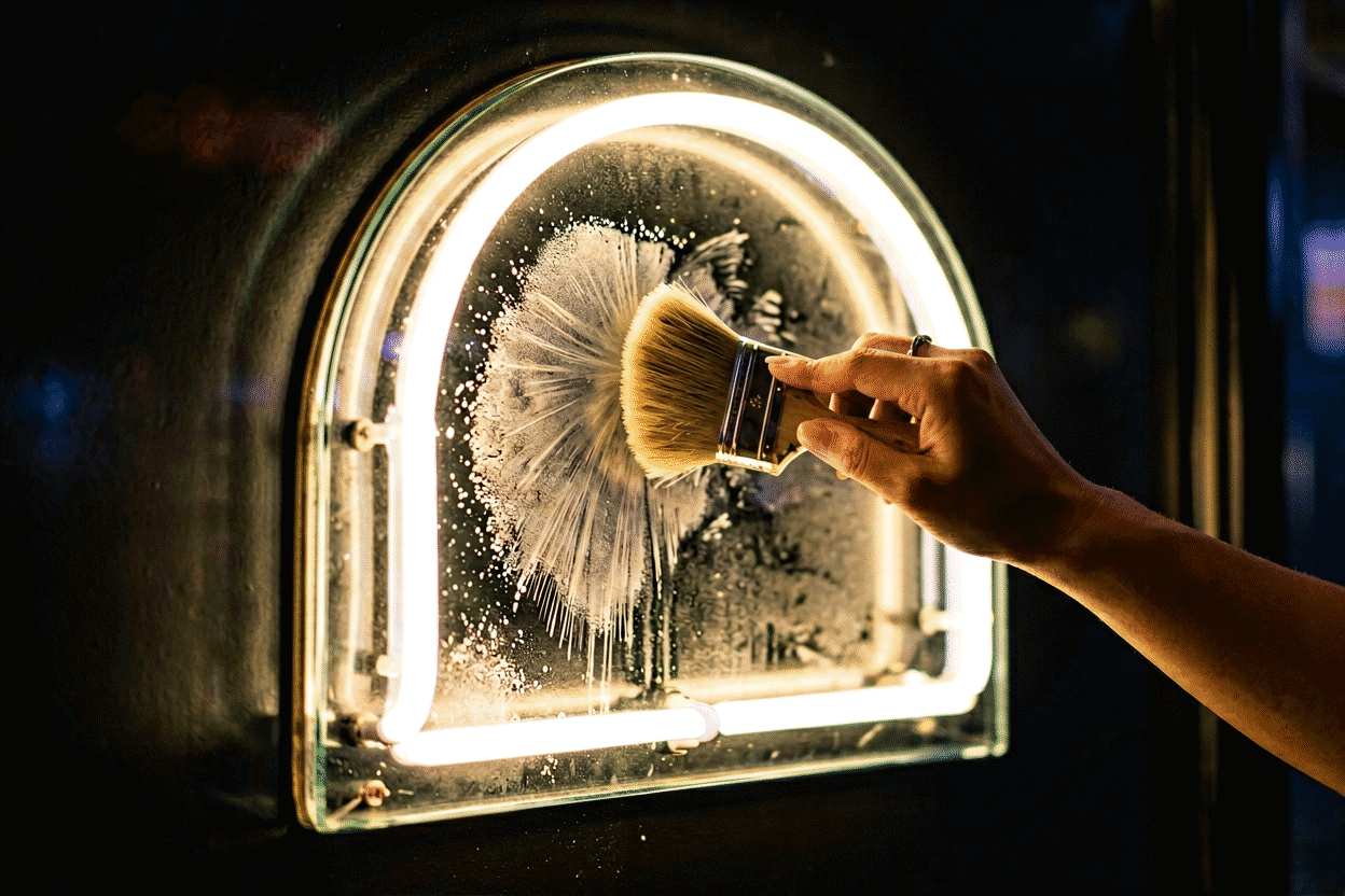 How to Clean a Neon Sign — visual for the section “How to Clean a Glass Neon Sign”: dark scene, glowing neon focal point, shallow depth of field