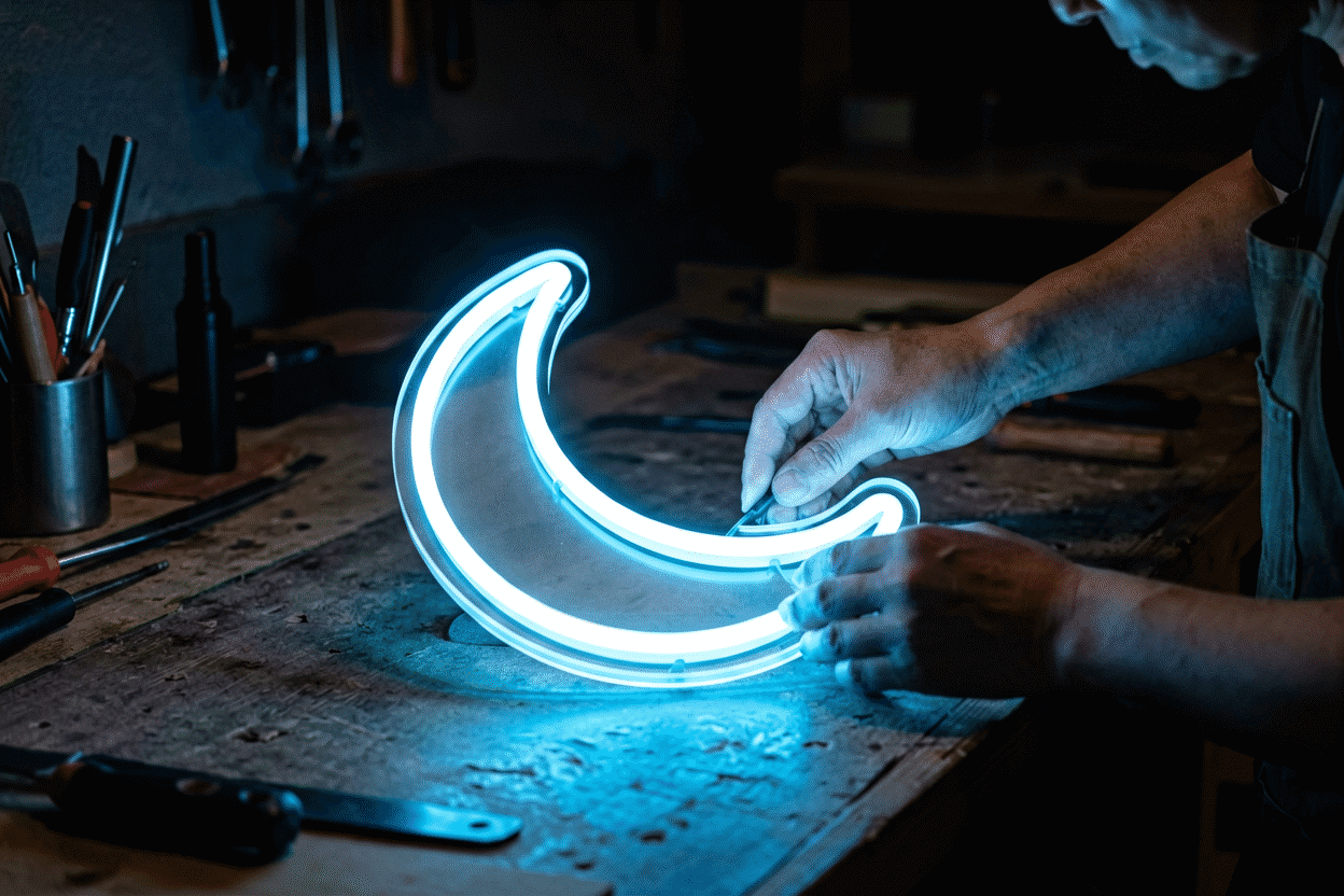 How to Fix a Neon Sign — visual for the section “"It Won't Turn On": The Power Chain Check”: dark scene, glowing neon focal point, shallow depth of field