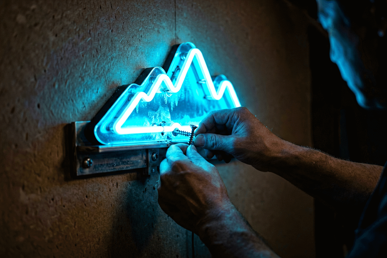 How to Hang a Neon Sign on Drywall Without Damage — visual for the section “Step 2: Match the Anchor to What You Found”: dark scene, glowing neon focal point, shallow depth of field