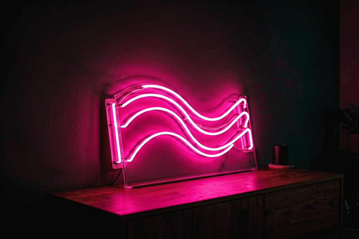 How to Hang a Neon Sign Without Drilling — visual for the section “Method 3: Lean It (Zero Commitment)”: dark scene, glowing neon focal point, shallow depth of field