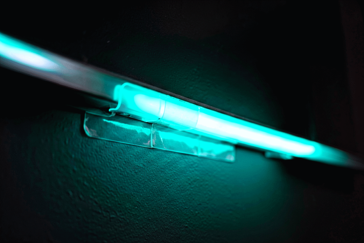 How to Hang a Neon Sign Without Drilling — visual for the section “No-Drill Method Comparison”: dark scene, glowing neon focal point, shallow depth of field