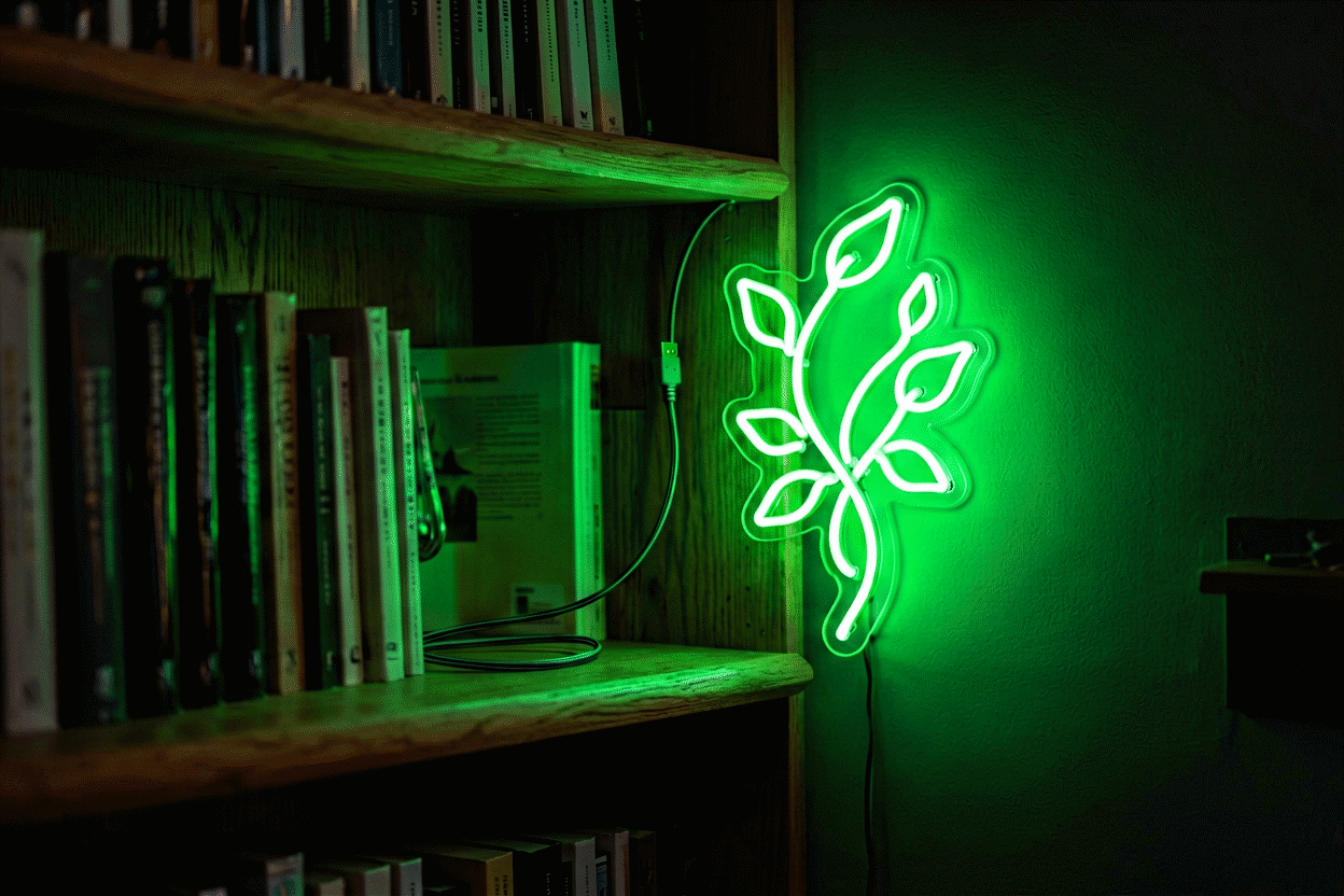 How to Hide Neon Sign Wires — visual for the section “Method 3: Furniture Geometry (Route Behind Things)”: dark scene, glowing neon focal point, shallow depth of field