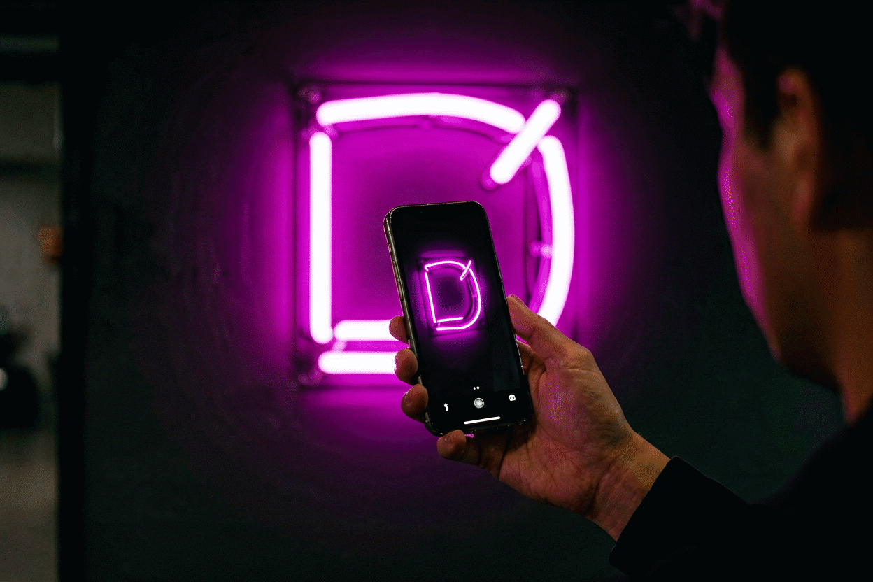 How to Photograph a Neon Sign — visual for the section “The Settings, If You Want Them (Phone Pro Mode / Camera)”: dark scene, glowing neon focal point, shallow depth of field