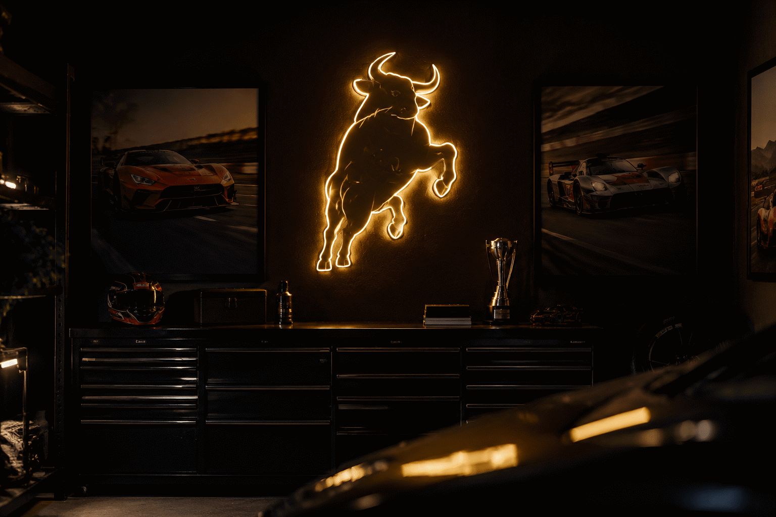 Lamborghini Neon Signs for Garages & Man Caves — visual for the section “The 1963 Story Every Wall Tells”: dark scene, glowing neon focal point, shallow depth of field