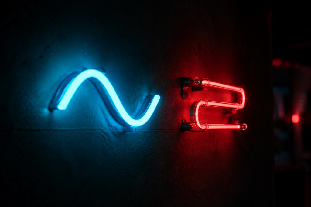 LED Neon vs Glass Neon — visual for the section “The Case for LED (Where It Wins Decisively)”: dark scene, glowing neon focal point, shallow depth of field